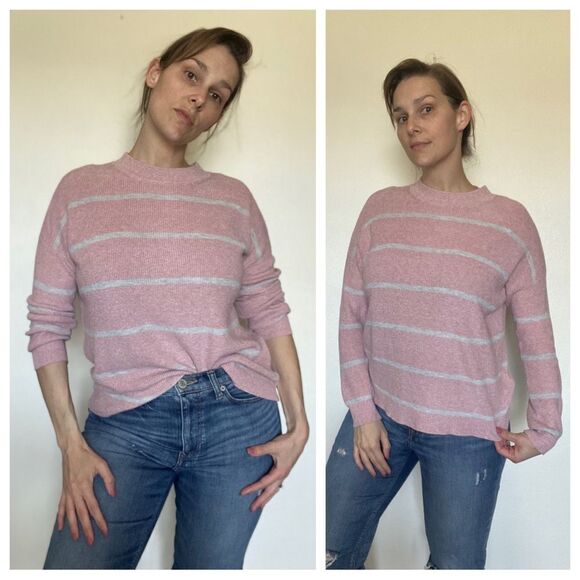 American Eagle Sweater Ribbed Pink Grey Stripe Slouchy Oversized Small - Picture 1 of 10